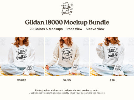 Gildan 18000 Mockup Bundle featuring 20 color options with front view and sleeve mockup variations. This high-quality sweatshirt mockup set includes cozy crewneck sweaters in shades like White, Sand, and Ash, captured in a bright studio setting. Each mockup showcases a real model, no AI, and provides a clear sleeve view ideal for detailed designs. Created by MocksByLittleFeather, this Mockup Bundle is perfect for those seeking simple, trendy, scroll-stopping visuals for their shop.