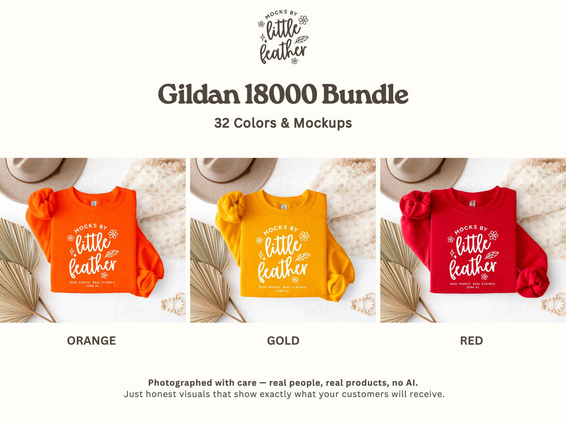 The image is a collage of three images showing different color variations of a "Little Feather" t-shirt. The first image is orange, the second is yellow, and the third is red. The text above the images reads "Gildan 1800 Bundle" and "32 Colors & Mockups".