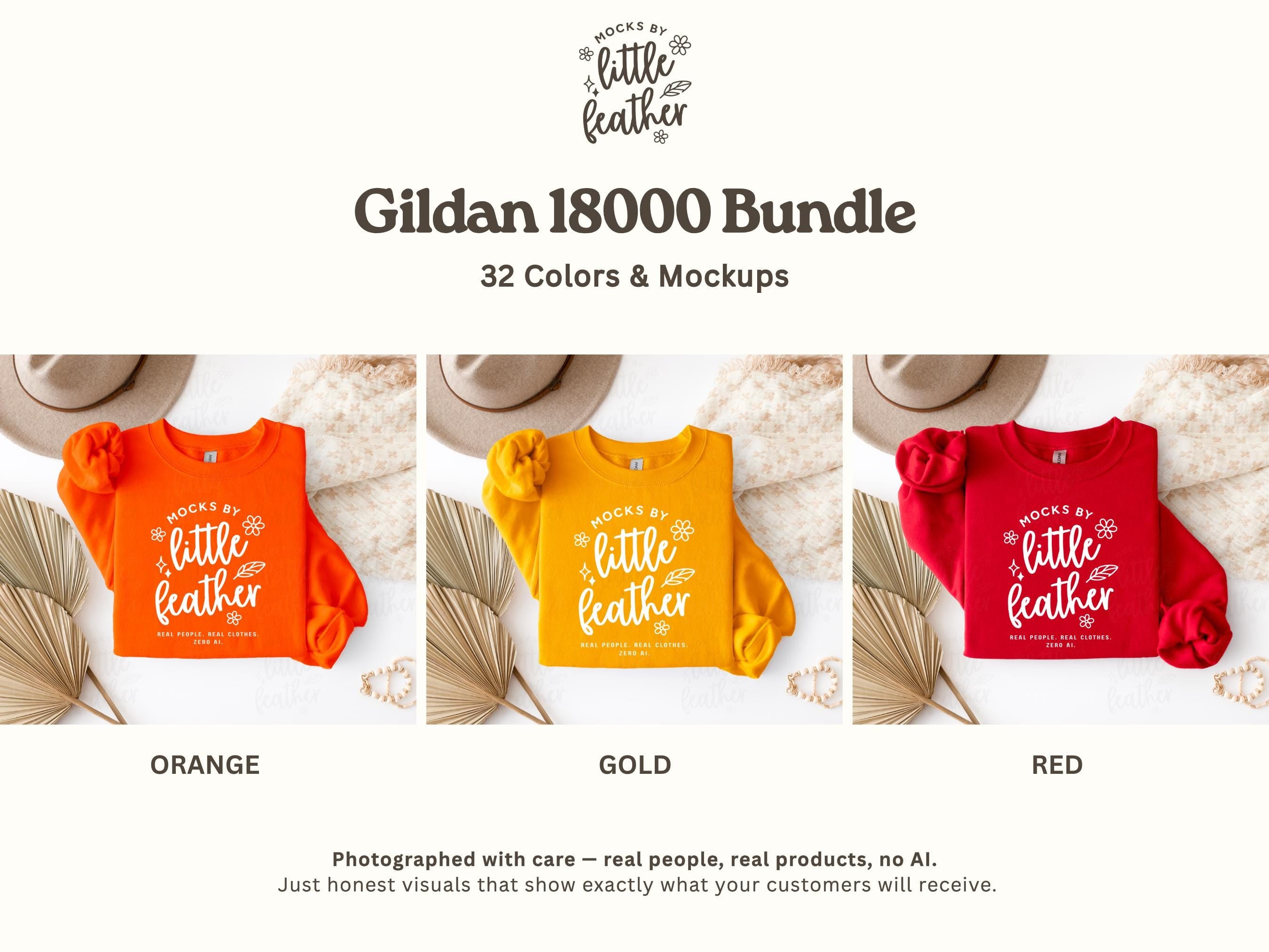 The image is a collage of three images showing different color variations of a "Little Feather" t-shirt. The first image is orange, the second is yellow, and the third is red. The text above the images reads "Gildan 1800 Bundle" and "32 Colors & Mockups".