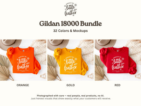 The image is a collage of three images showing different color variations of a "Little Feather" t-shirt. The first image is orange, the second is yellow, and the third is red. The text above the images reads "Gildan 1800 Bundle" and "32 Colors & Mockups".
