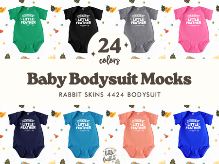 a collection of baby bodysuits in various colors, including green, black, gray, pink, blue, and orange. The bodysuits are arranged in a grid pattern, with each row containing three bodysuits. The image also includes text that reads "24 colors Baby Bodysuit Mock" and "Rabbit Skins 4424 Bodysuit", suggesting that these mockups are available in multiple colors.