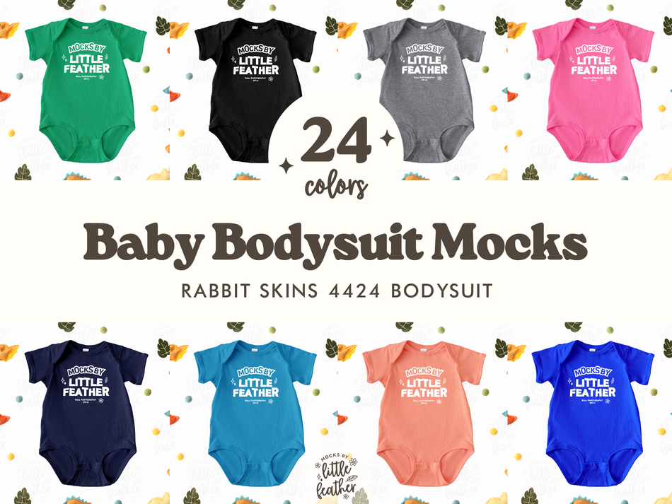 a collection of baby bodysuits in various colors, including green, black, gray, pink, blue, and orange. The bodysuits are arranged in a grid pattern, with each row containing three bodysuits. The image also includes text that reads "24 colors Baby Bodysuit Mock" and "Rabbit Skins 4424 Bodysuit", suggesting that these mockups are available in multiple colors.