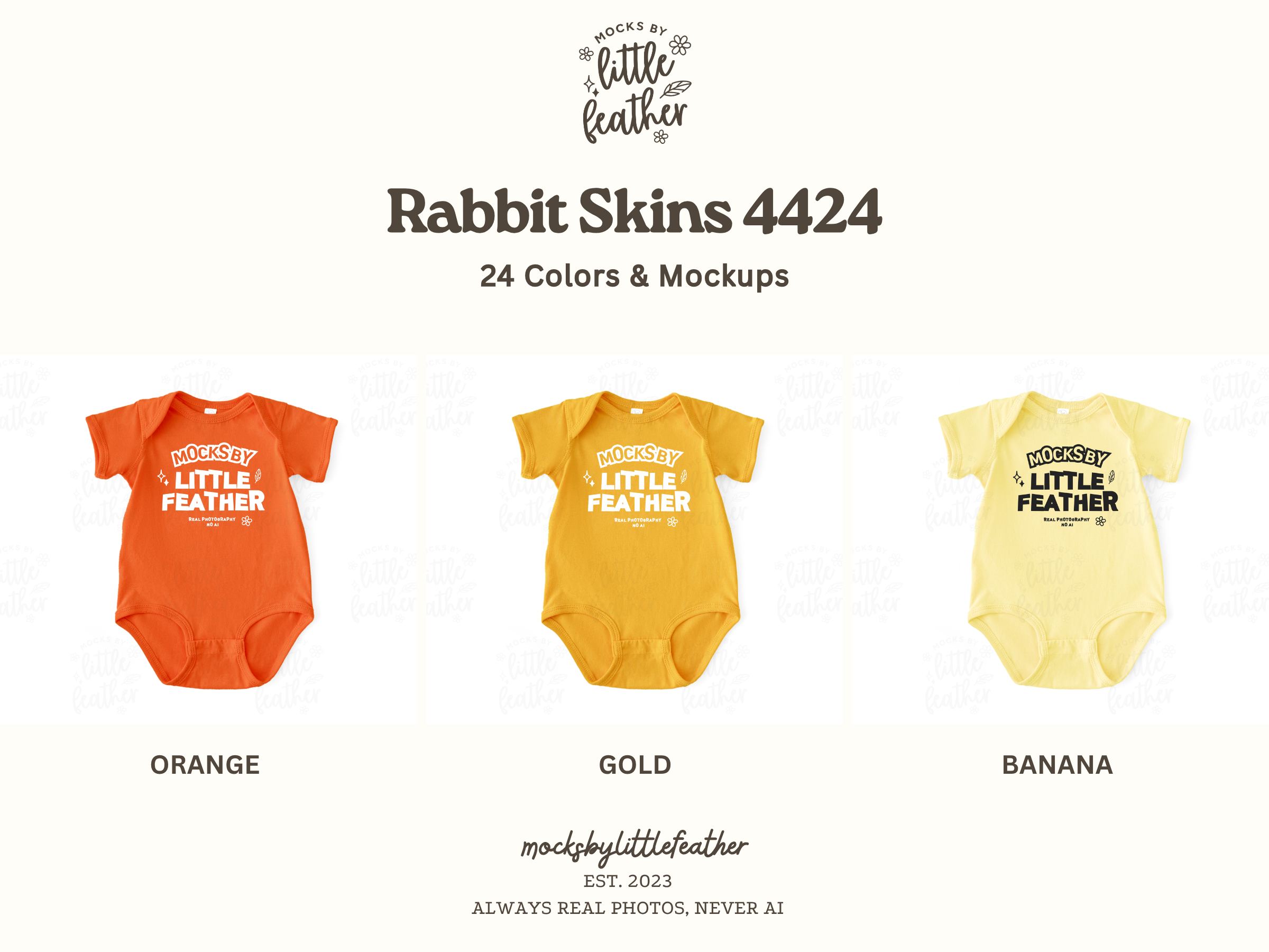 three baby onesies in different colors: orange, gold, and yellow, arranged side by side.