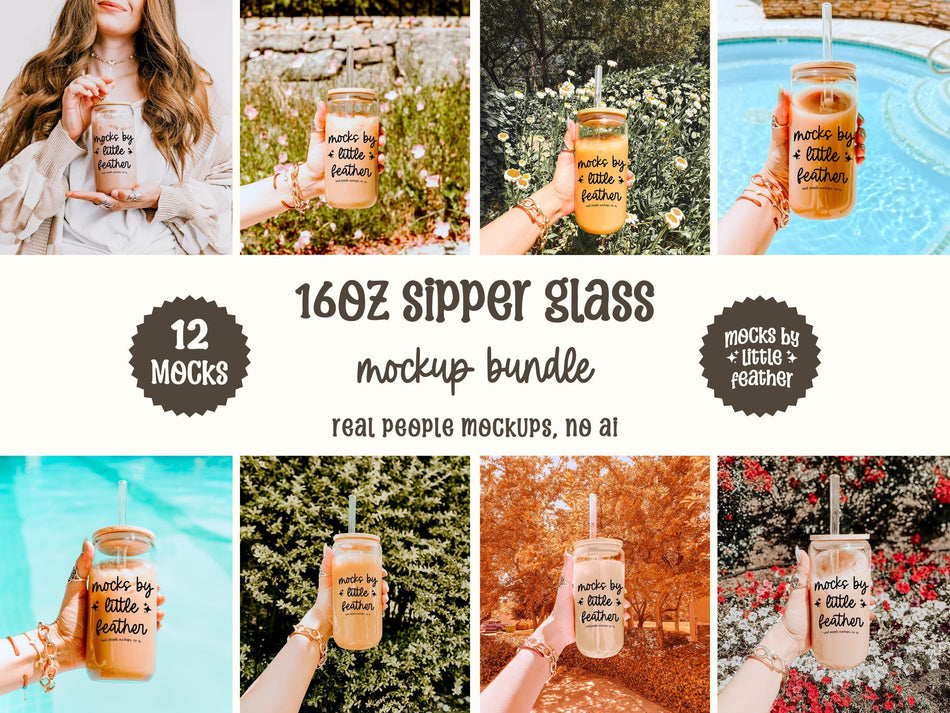 Sipper glass can mockup bundle collage, hands holding 16oz clear glass cans with straw