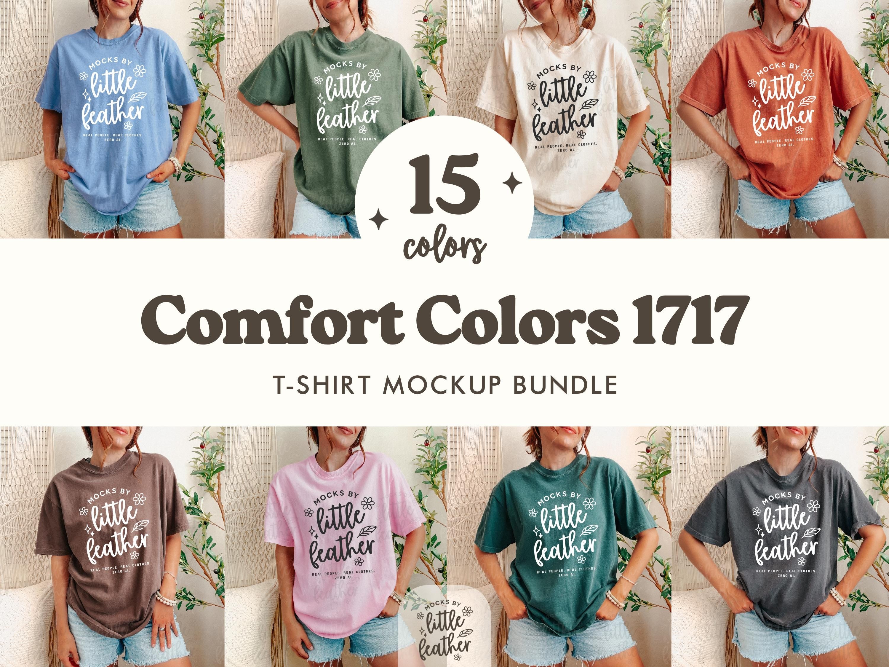 Comfort Colors 1717 T-shirt Mockup Bundle for Print on Demand. With 15 popular colors: Pepper, Washed Denim, Yam, Moss, Ivory, Espresso, Blue Jean, Blue Spruce, White, Black, Violet, True Navy, Bay, Light Green, and Blossom. Made by MocksByLittleFeather using real human models, the real POD product, no Ai.