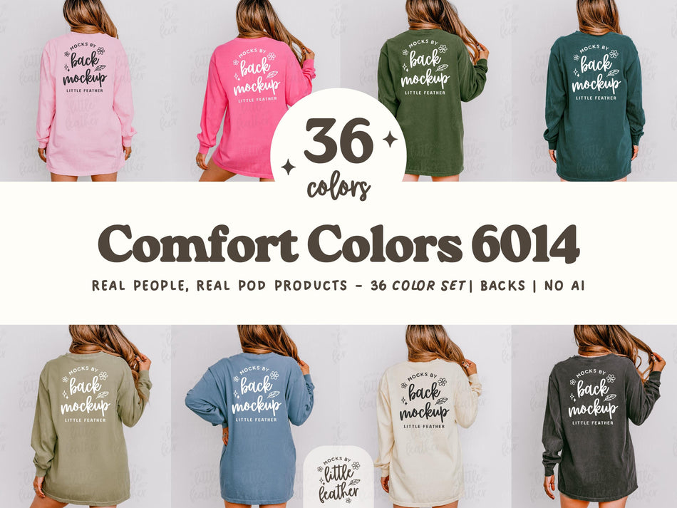 Long sleeve shirt back mockup bundle with multiple colors, woman wearing back views