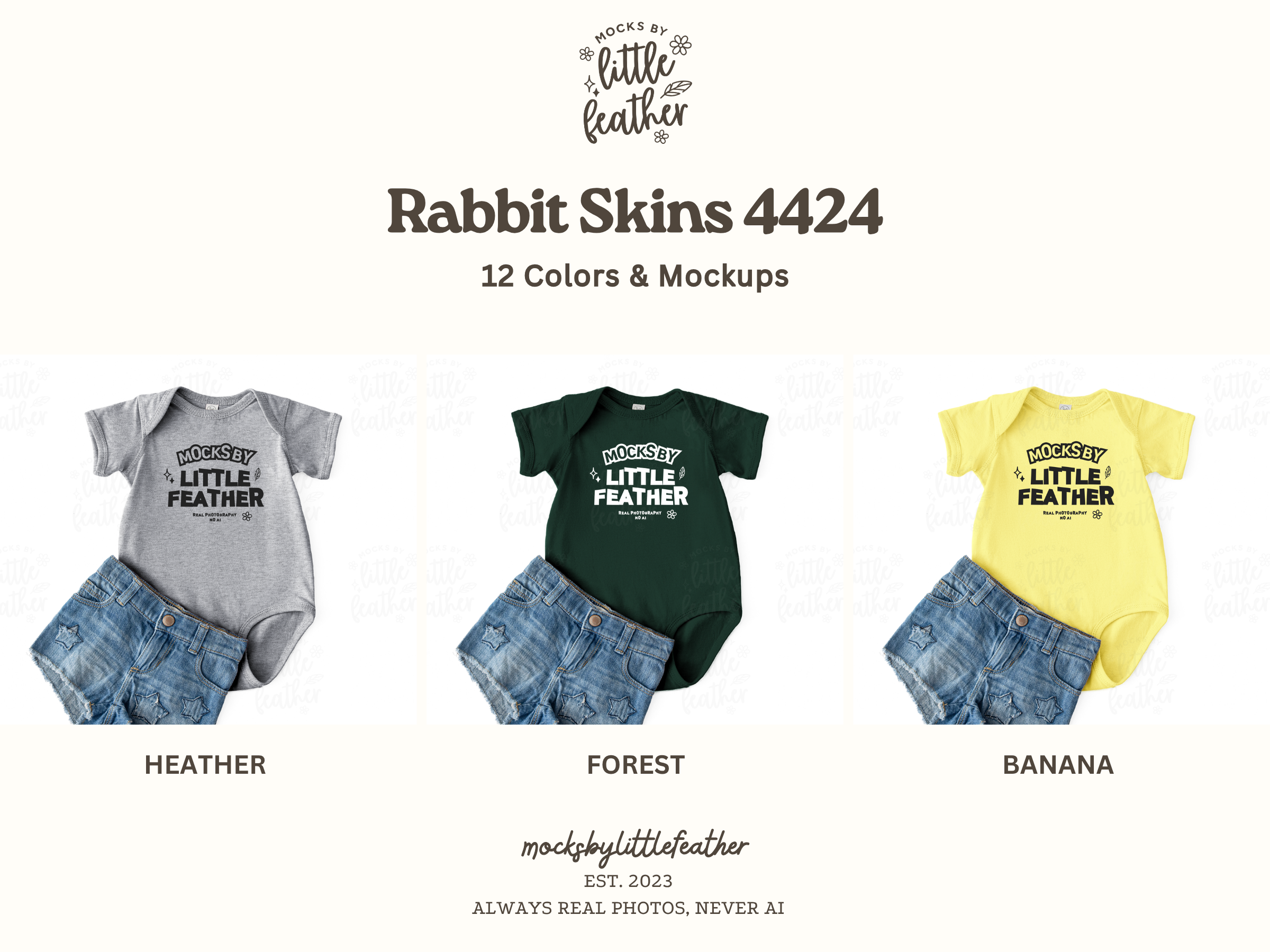 a collection of baby clothing items, including baby onesies and denim shorts, with the brand name "Little Feather" printed on them.