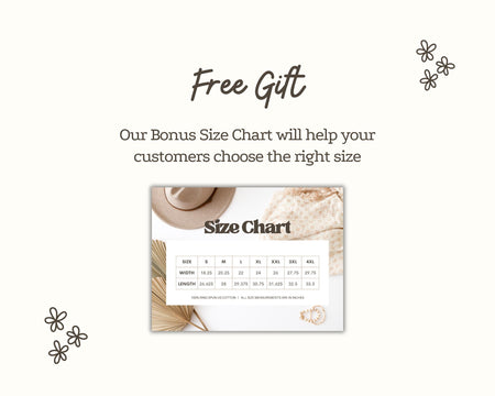 Ivory boxy crop tee promo graphic with “Free Gift” and a size chart