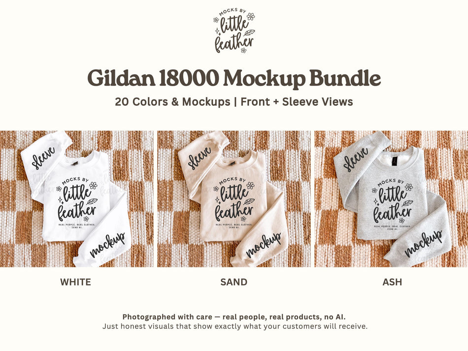 Crewneck sweatshirt mockup bundle with front and sleeve views: white, sand, ash