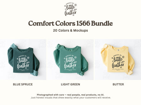 The image is a collage of three images showing different colors of a green sweater, with text indicating the colors and a description of the images.