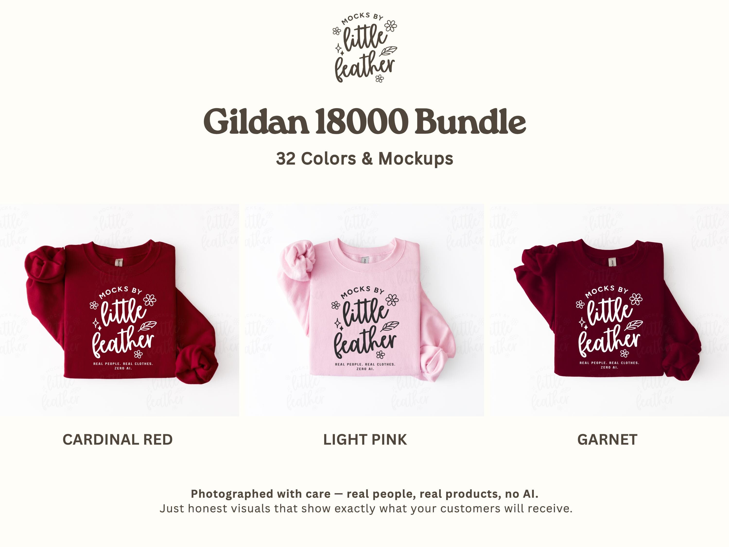 The image is a promotional image for a Gildan 1800 Bundle, which includes 32 different colors and mockups of shirts. The image features three different color options: red, light pink, and garnet. The text on the image emphasizes the authenticity of the photographs, stating that they are "photographed with care - real people, real products, no AI. Just honest visuals that show exactly what your customers will receive."