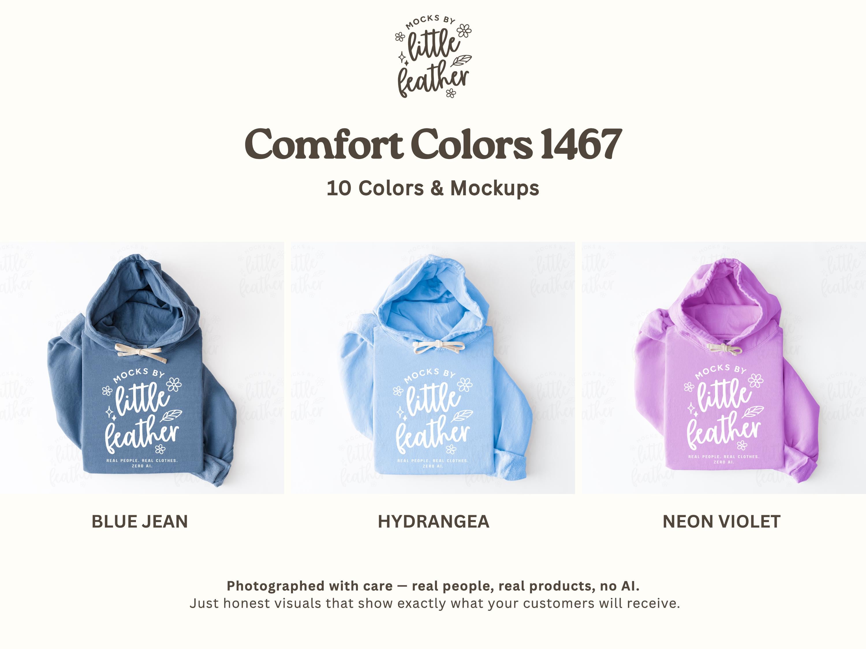 three different hooded sweatshirts in various colors: blue, light blue, and pink. The text above the image reads "Comfort Colors 1467" and "10 Colors & Mockups", indicating that there are ten different colors available.