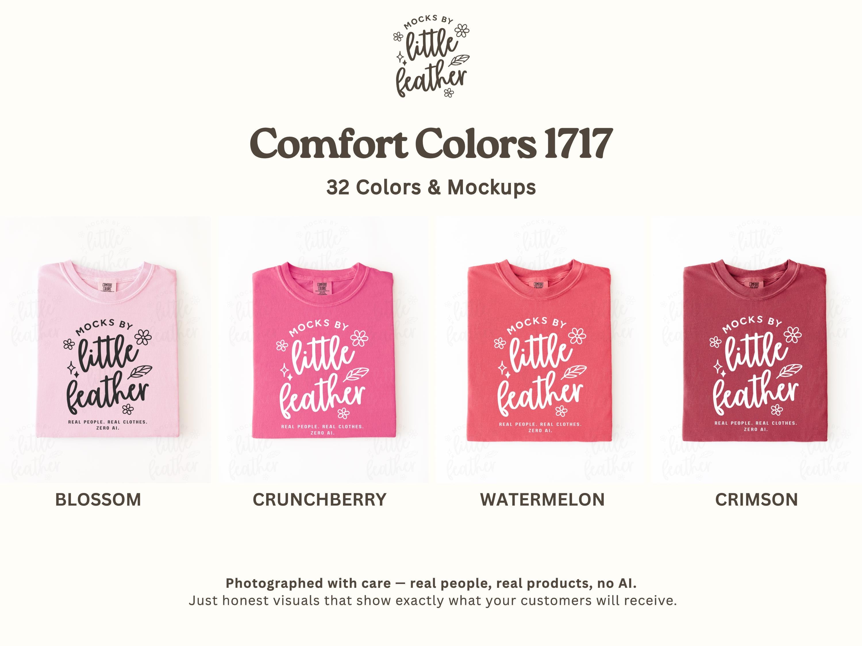 Folded crewneck t-shirts in blossom, crunchberry, watermelon, and crimson, flat lay