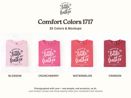 Folded crewneck t-shirts in blossom, crunchberry, watermelon, and crimson, flat lay