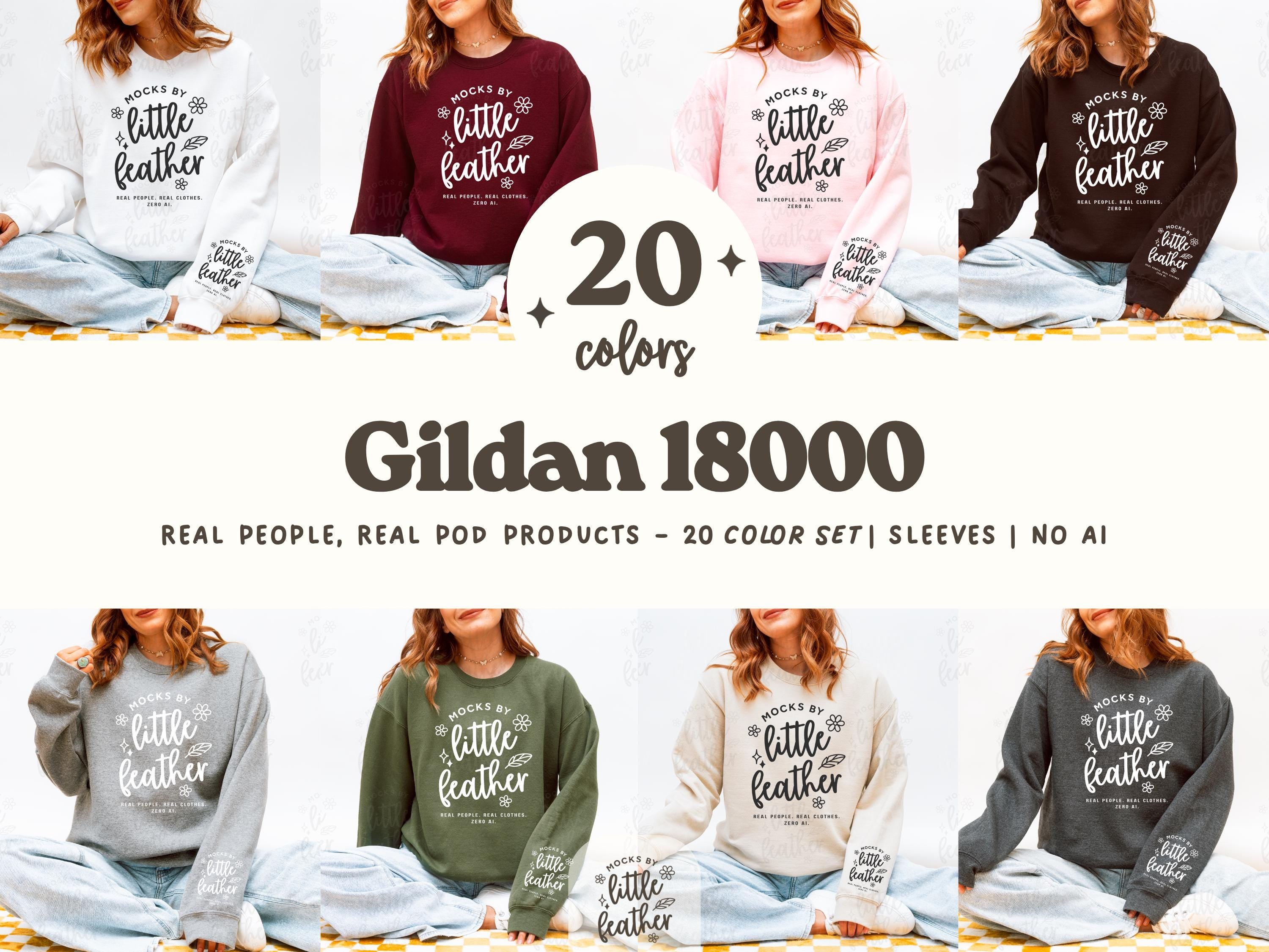Gildan 18000 Sleeve Mockup Bundle featuring 20 cozy and trendy crewneck sweatshirt colors and mockups. Each G18000 sweater mockup includes a clear sleeve view, perfect for showcasing sleeve designs on Etsy or other Print on Demand (POD) platforms like Shopify. Shot in a bright studio with a real model — no AI. High-quality mockups by MocksByLittleFeather. Ideal for sellers looking for simple, stylish, and scroll-stopping product mockups.