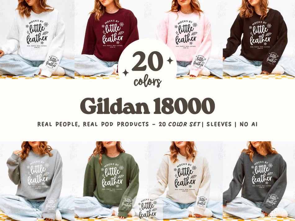 Gildan 18000 crewneck sweatshirt sleeve mockup bundle on model, showing multiple colors