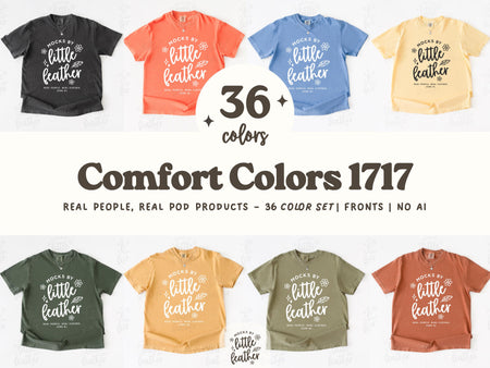 A print on demand mockup bundle featuring 36 colors of the Comfort Colors 1717 t-shirt. Great for POD sellers selling on Etsy, Shopify, and other platforms. This simple neutral tee set up is perfect for all niches. Trendy and eye catching high quality mock ups by MocksByLittleFeather