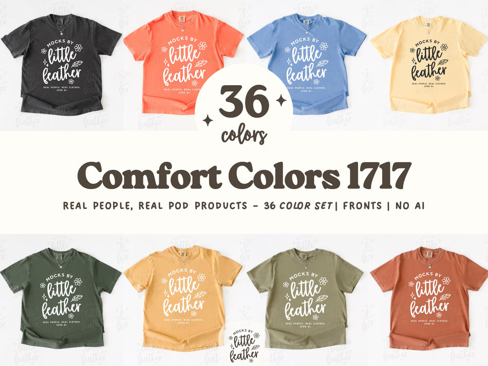 T-shirt mockup set with front views in dark gray, coral orange, blue, and light tan