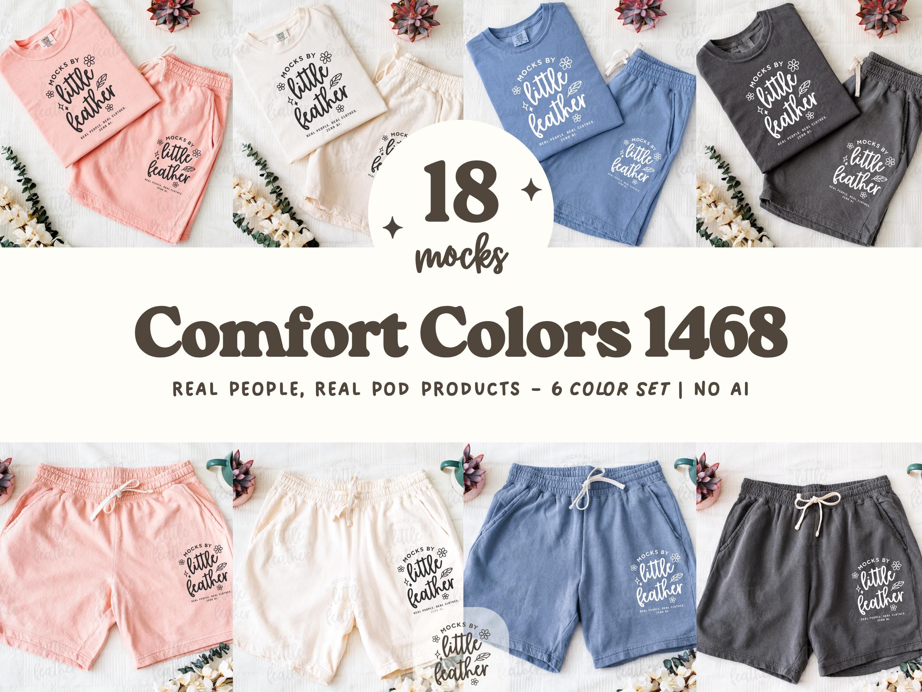 Comfort Colors Mockup Bundle featuring CC 1468 sweat shorts in 6 trendy colors. Styled flat lay and folded mockups with real products, no AI. Includes group mocks paired with C1717 t-shirts for cohesive Etsy and POD listings. Aesthetic, boho, and perfect for print-on-demand shops. Real clothes, real people, by MocksByLittleFeather.