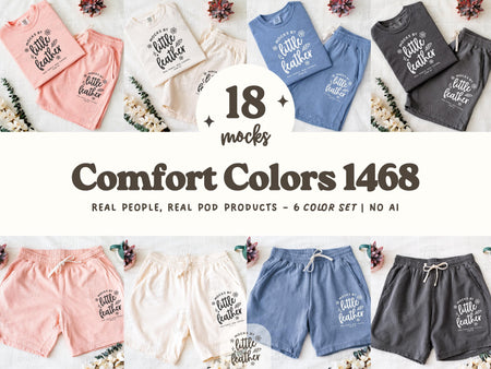 Comfort Colors Mockup Bundle featuring CC 1468 sweat shorts in 6 trendy colors. Styled flat lay and folded mockups with real products, no AI. Includes group mocks paired with C1717 t-shirts for cohesive Etsy and POD listings. Aesthetic, boho, and perfect for print-on-demand shops. Real clothes, real people, by MocksByLittleFeather.