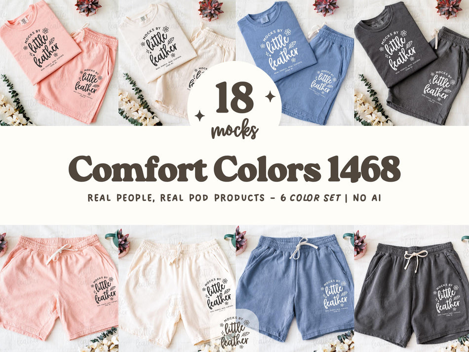 Drawstring short pants mockups set showing pink, cream, blue, and dark gray pairs laid out