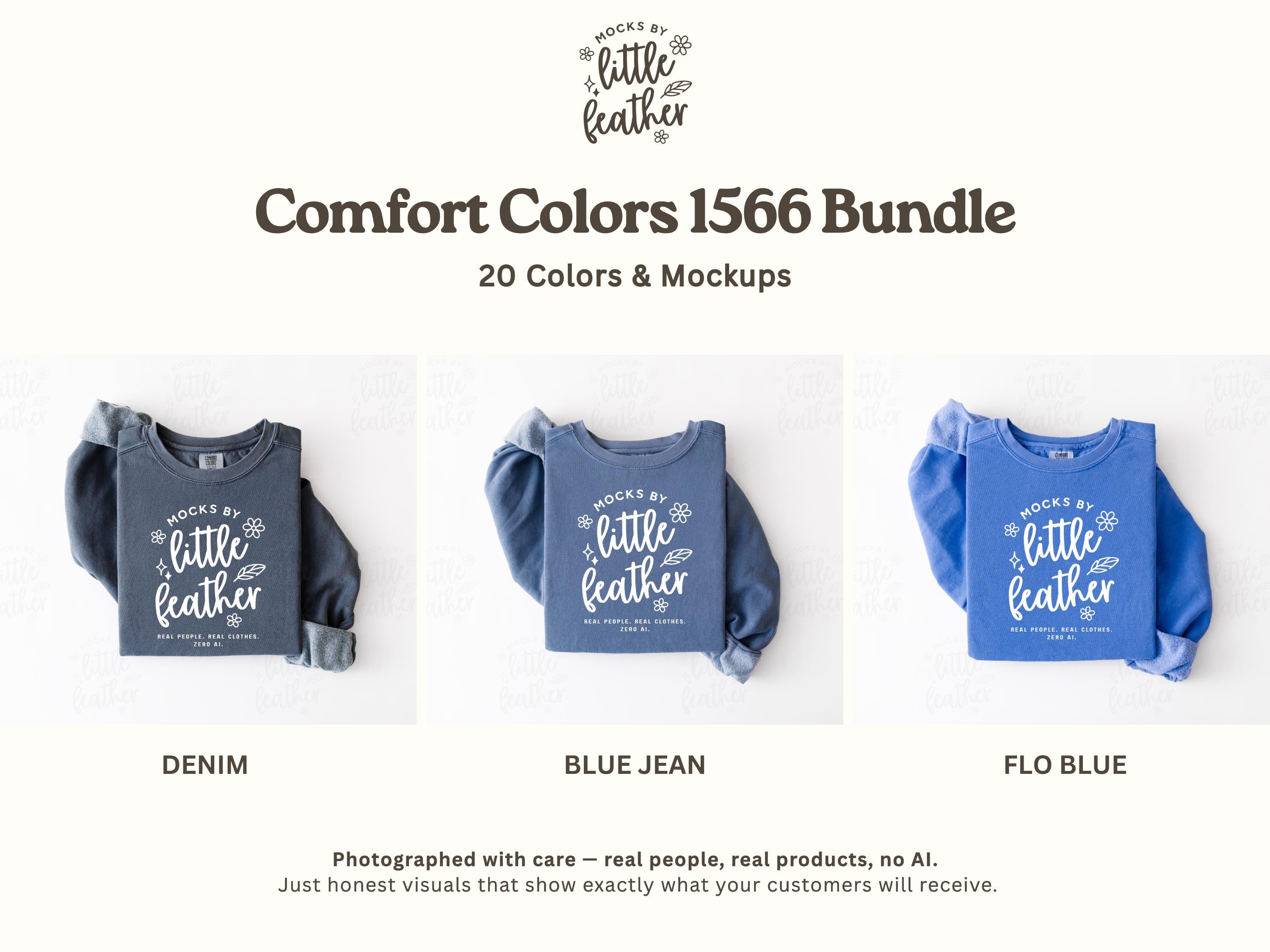 The image is a collage of three images showing different shades of blue tops, each with a different color variation.