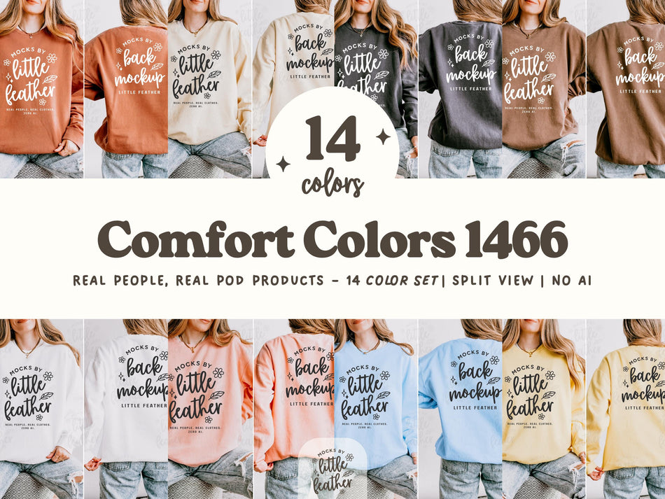Comfort Colors 1466 crewneck sweatshirt mockup bundle, front and back views in multiple colors