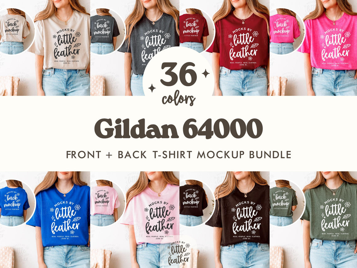 Gildan 64000 T-Shirt Mockup bundle for print on demand sellers. Includes 36 popular POD colors. High-quality, real model, no Ai. Made by MocksByLittleFeather.