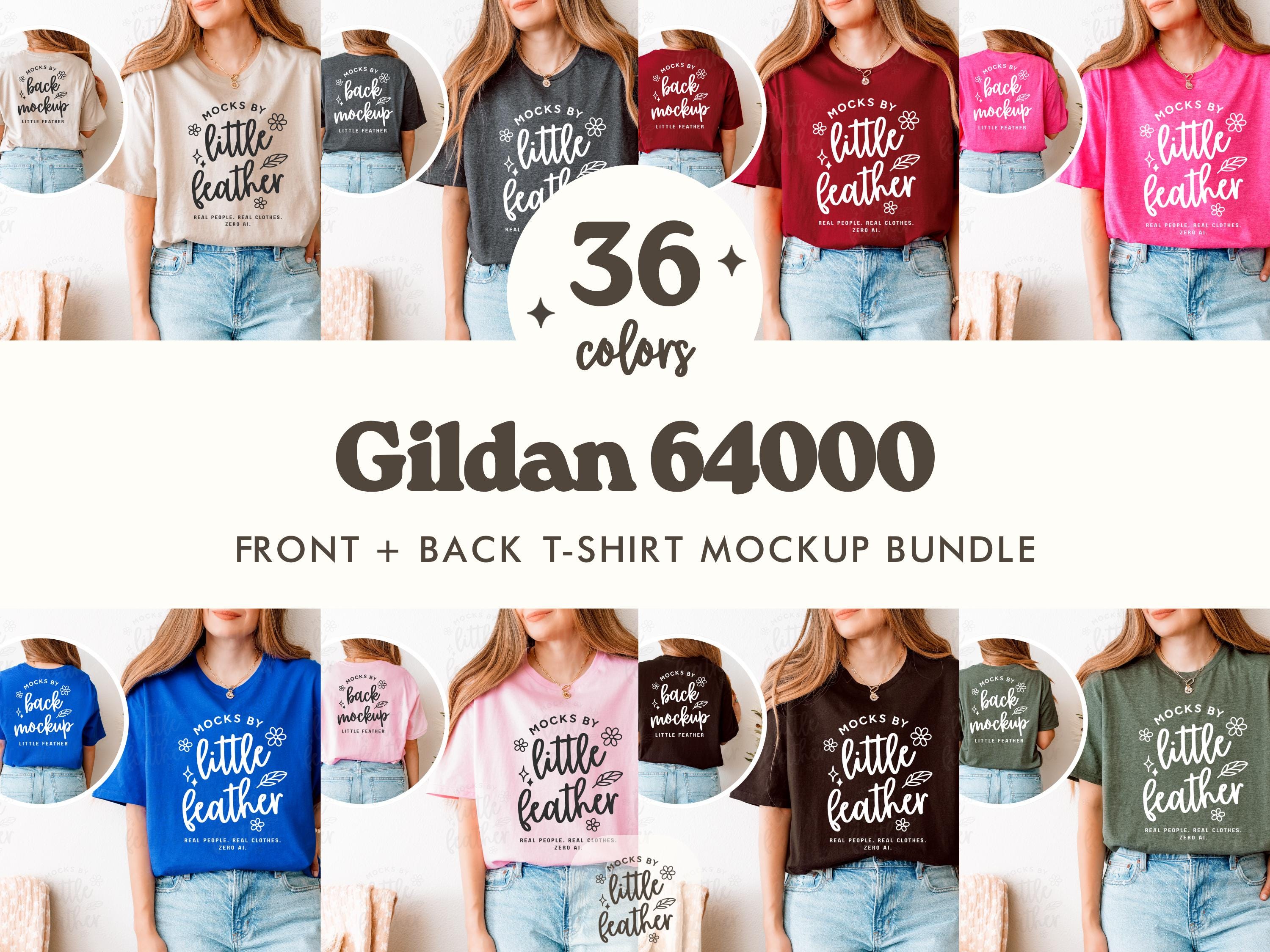 Gildan 64000 T-Shirt Mockup bundle for print on demand sellers. Includes 36 popular POD colors. High-quality, real model, no Ai. Made by MocksByLittleFeather.