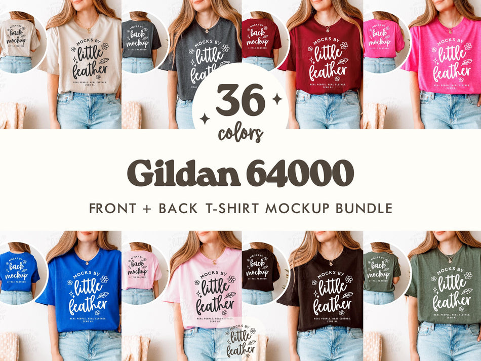 Gildan 64000 mockup bundle banner showing front and back T-shirts in multiple colors.