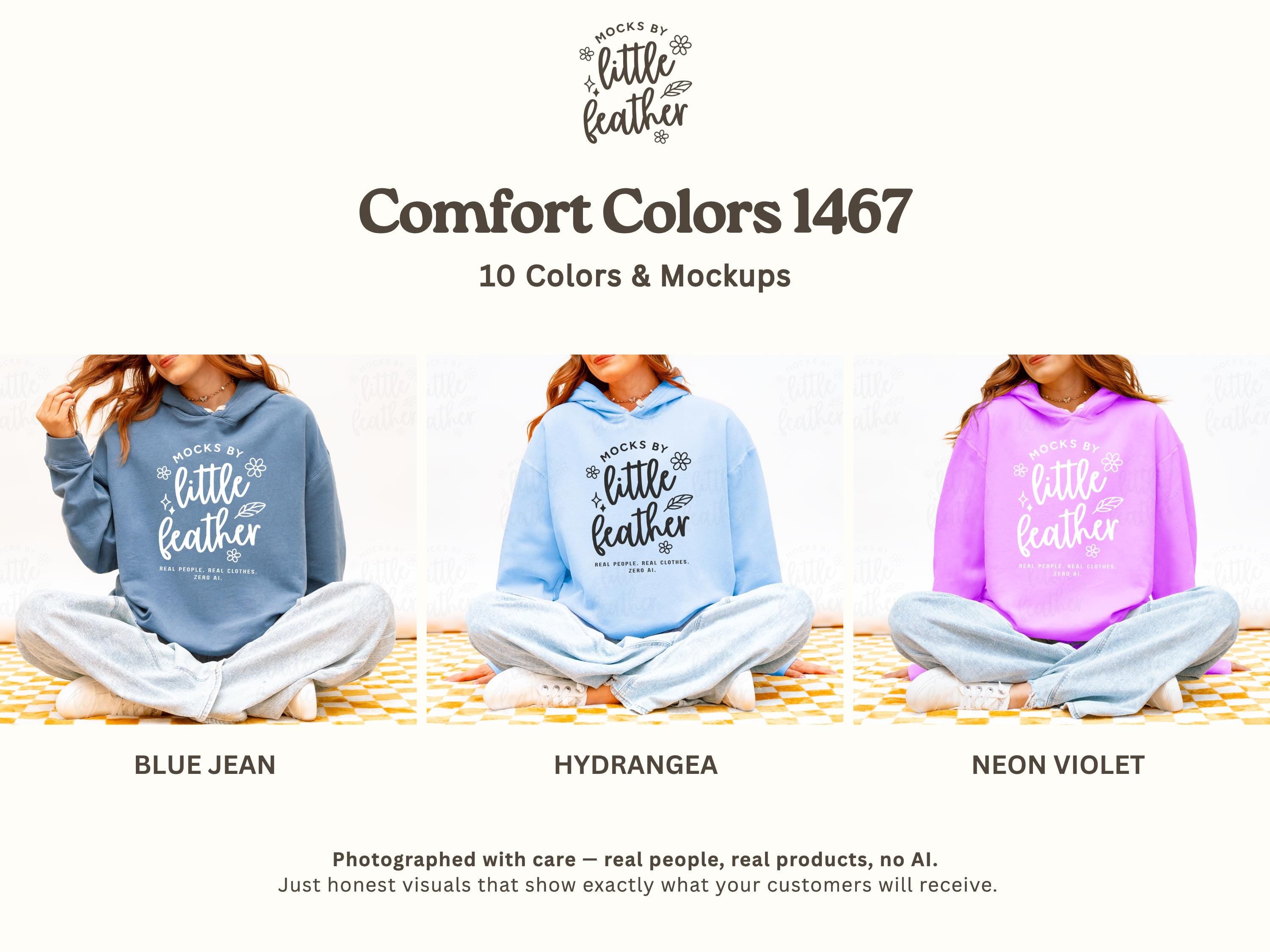 The image is a collage of three photos featuring people sitting cross-legged on a checkered surface, wearing hooded sweatshirts with text.