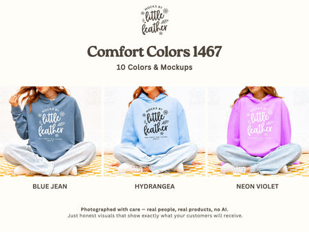 The image is a collage of three photos featuring people sitting cross-legged on a checkered surface, wearing hooded sweatshirts with text.