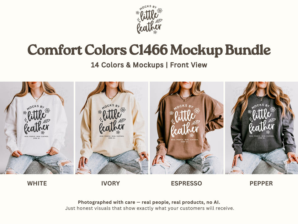 Crewneck sweatshirt mockup bundle with white, ivory, espresso, and pepper color fronts