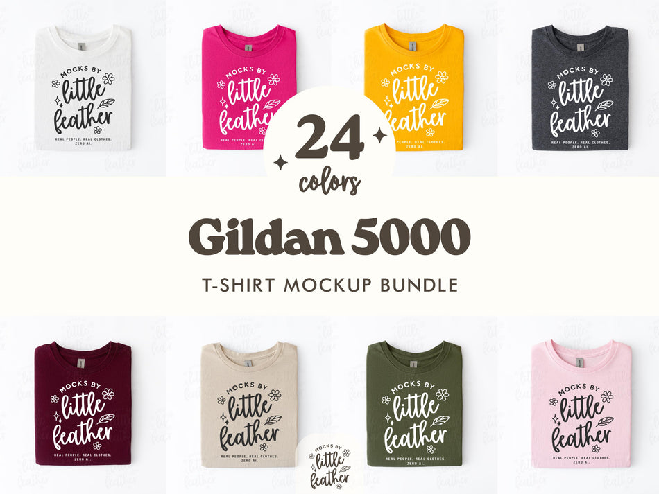T-shirt mockup bundle: folded crewneck tees in assorted colors, flat lay set