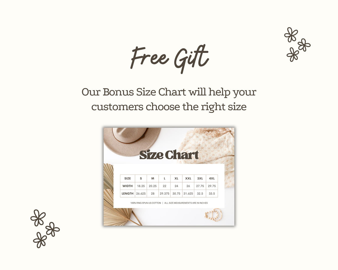 Boxy crop tee mockup banner with Free Gift size chart card