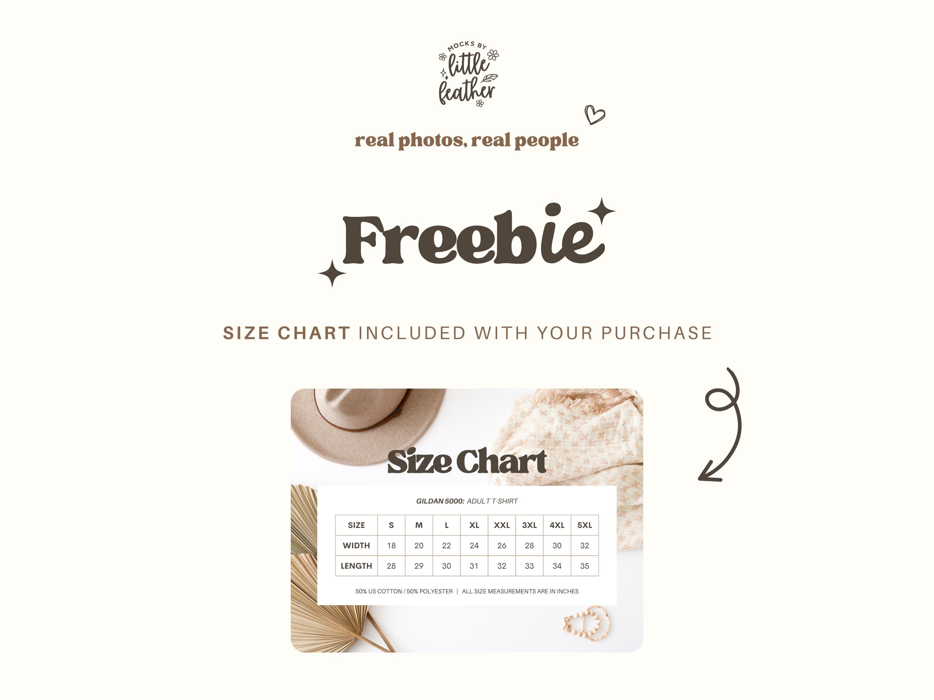 The image is a promotional image for a size chart that includes a chart and a hat. The chart provides measurements for different sizes, and the hat is placed on top of the chart. The image is described as a "Freebie Size Chart" and is accompanied by a caption that reads "Size Chart Included with your purchase".