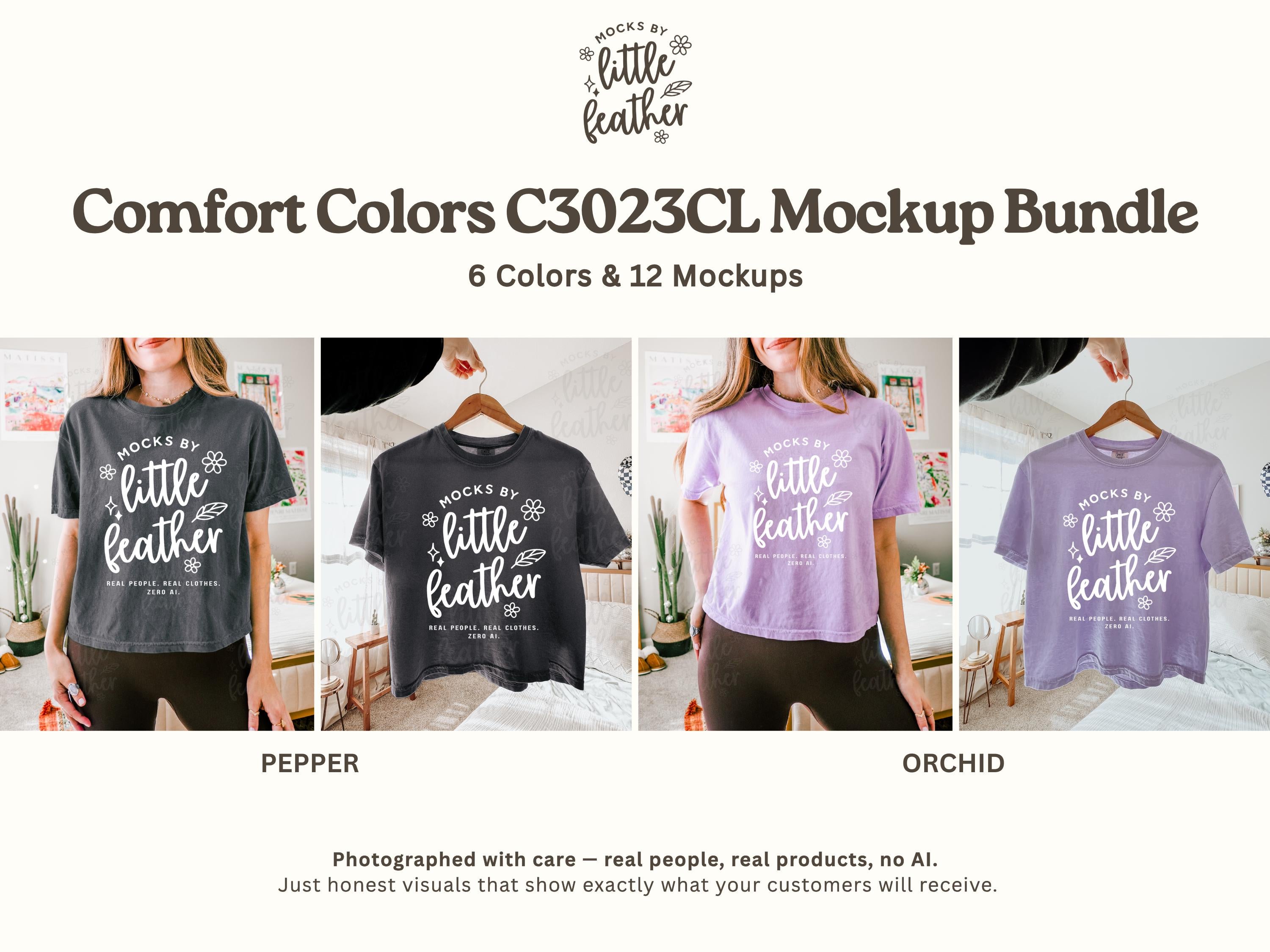 Boxy crop T-shirt mockups on hangers in pepper and orchid