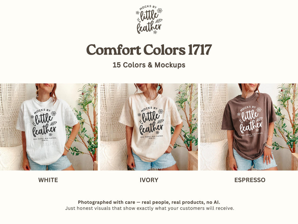 Crewneck T-shirt mockups with front graphic: white, ivory, espresso