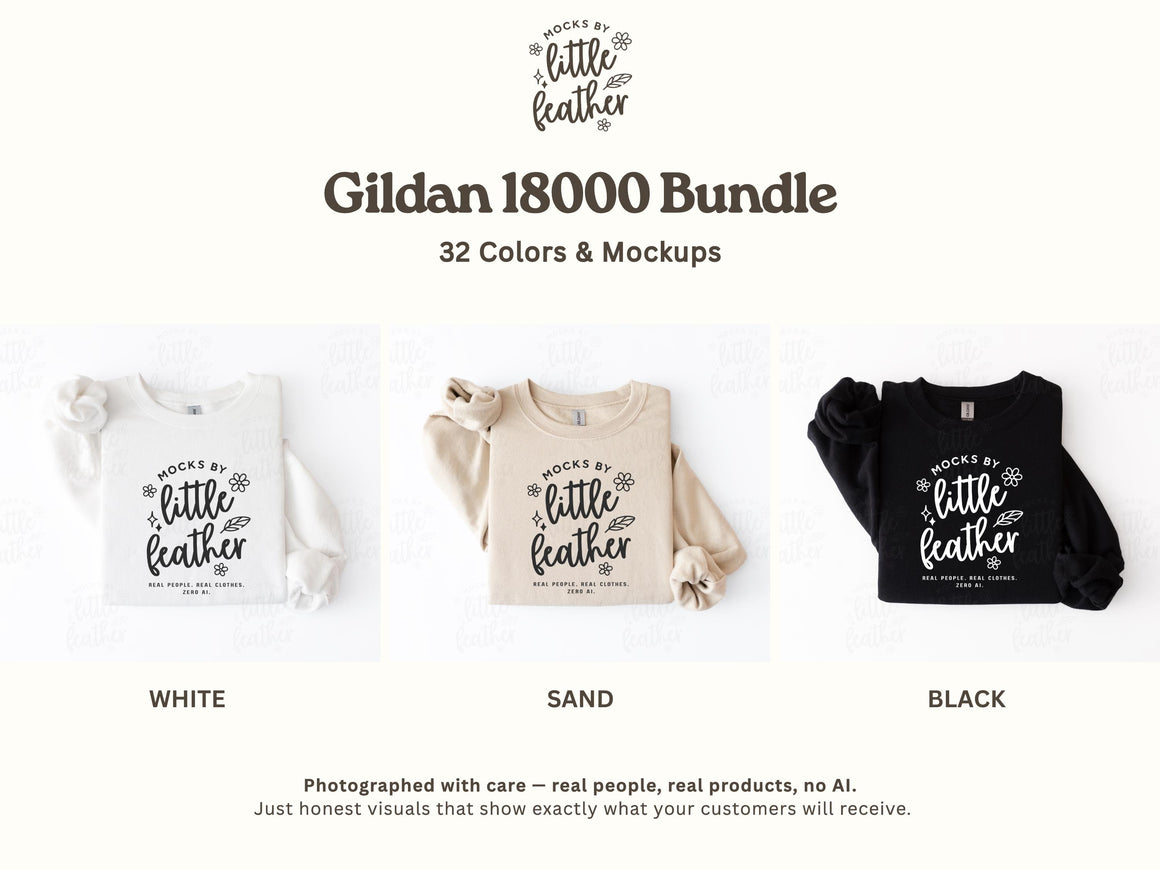 The image is a promotional graphic for a Gildan 1800 Bundle, which includes 32 different colors and mockups of the shirts.