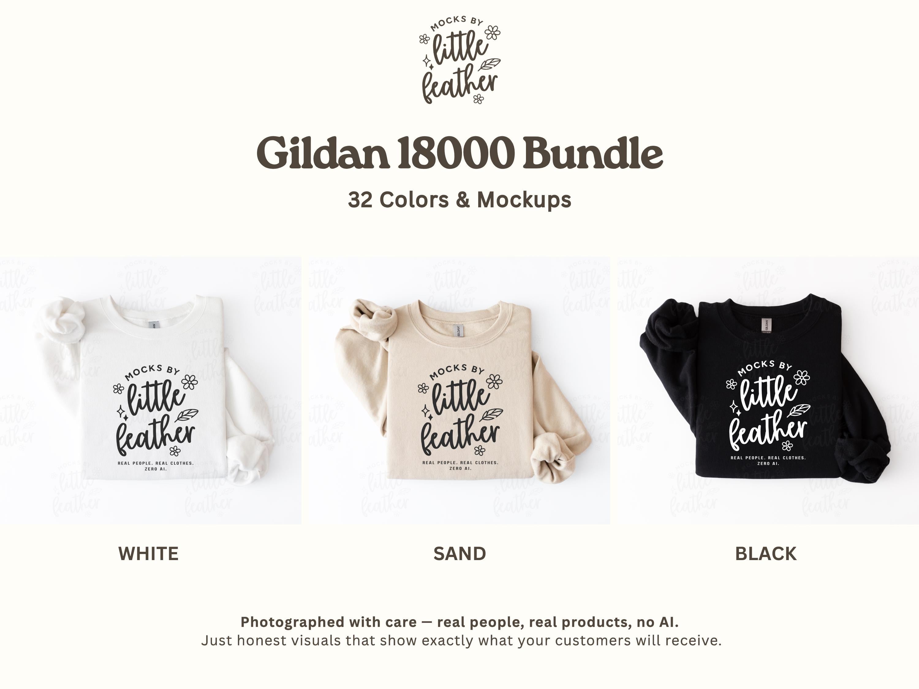 The image is a promotional graphic for a Gildan 1800 Bundle, which includes 32 different colors and mockups of the shirts.