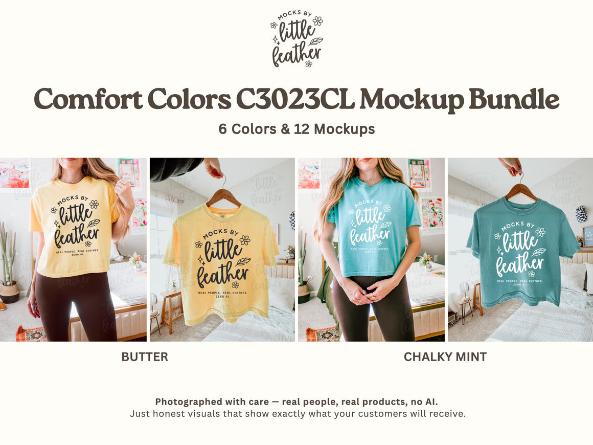 Boxy crop T-shirt mockups on hangers in butter and chalky mint
