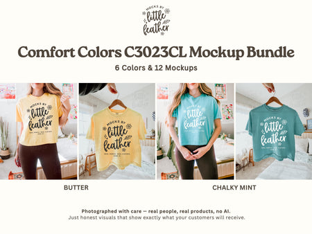 Boxy crop T-shirt mockups on hangers in butter and chalky mint