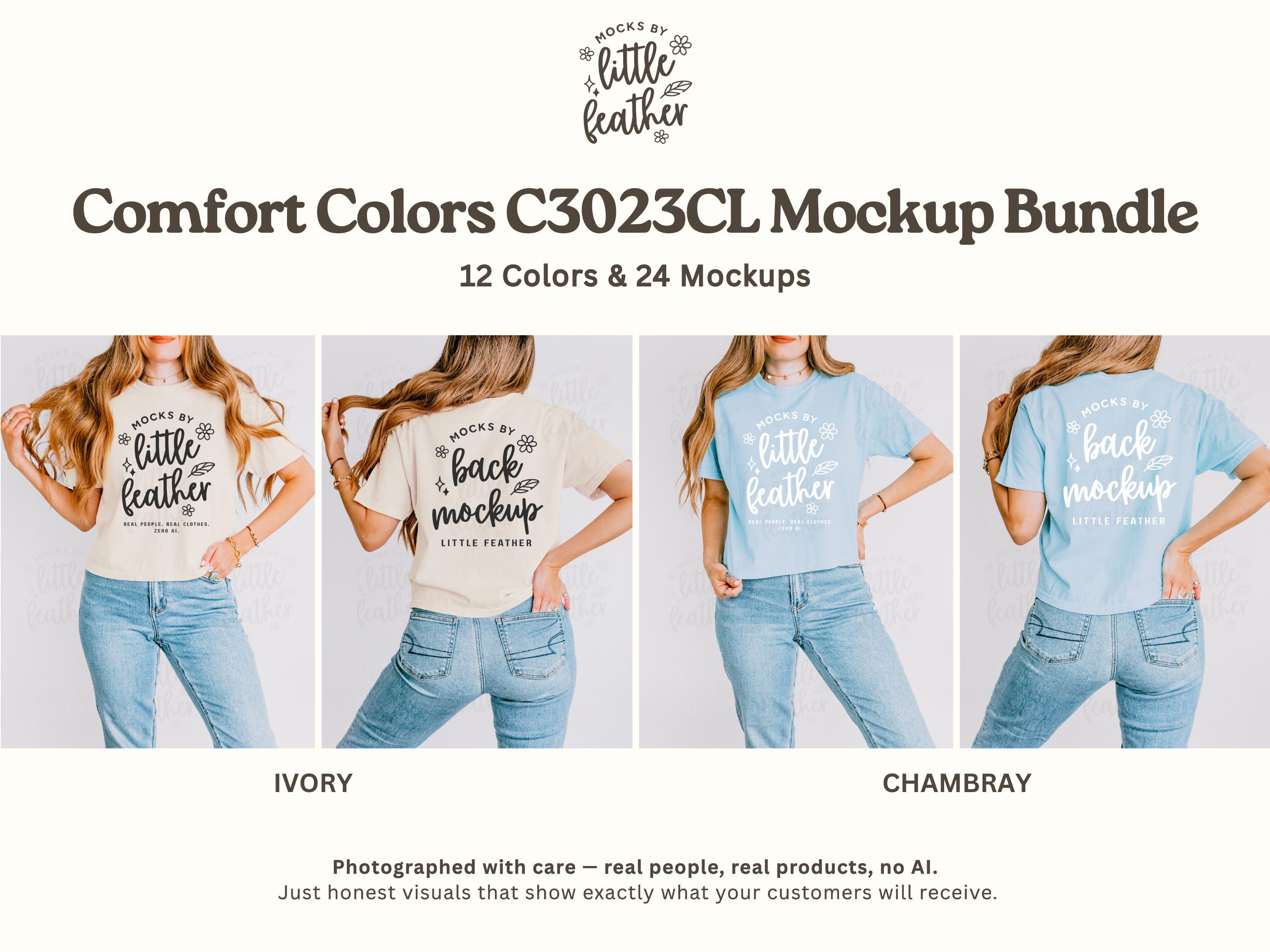 Boxy crop T-shirt mockups on model, ivory and chambray blue back prints
