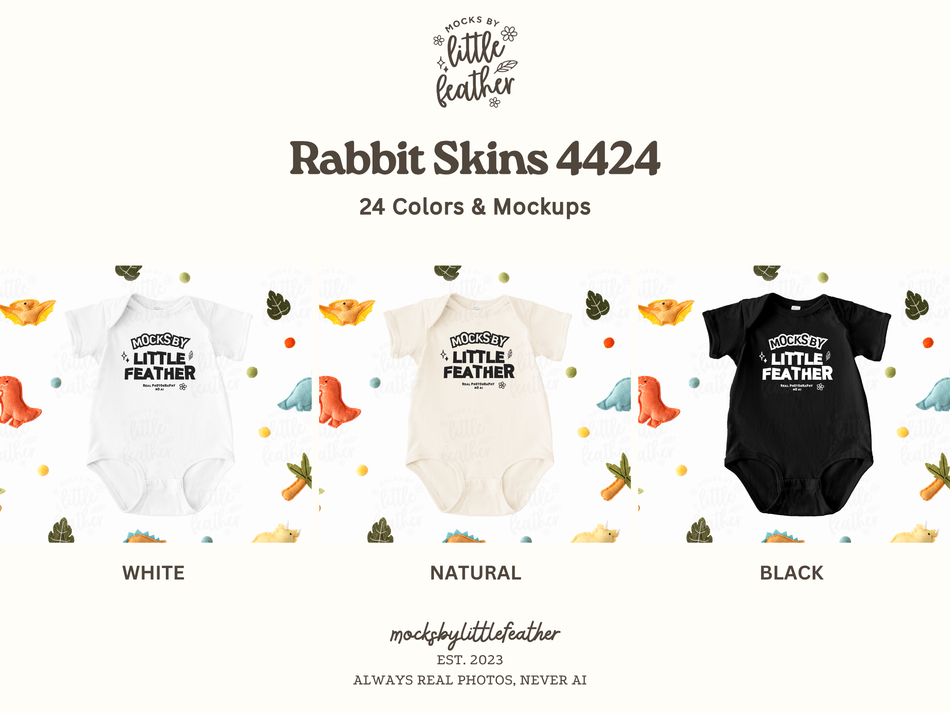 a collection of baby onesies in various colors and styles, including white, natural, black, and black and white.