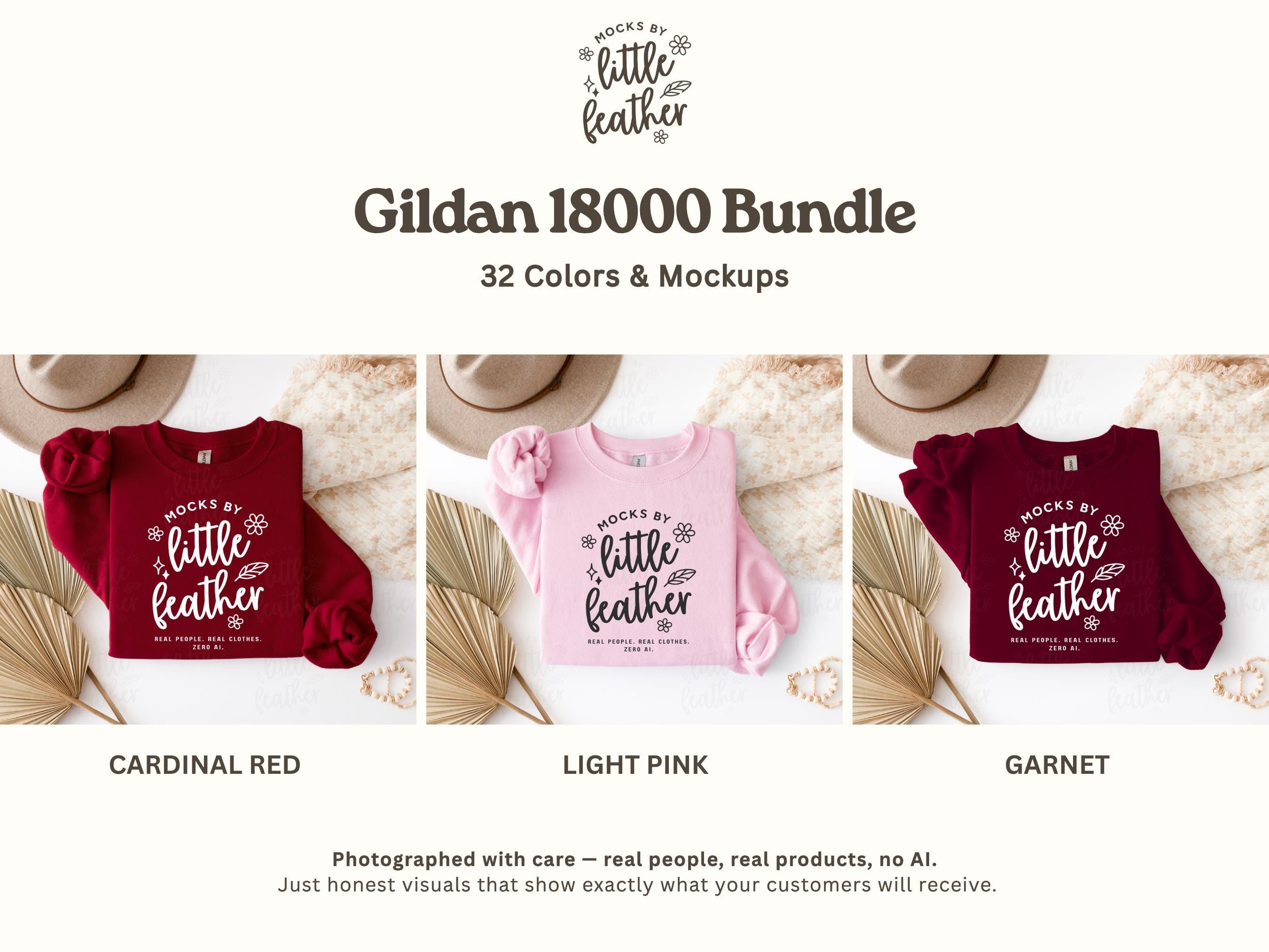 The image is a collage of three images showing different color options for a "Gildan 1800 Bundle" of shirts. The first image is a burgundy shirt, the second is a pink shirt, and the third is a maroon shirt.