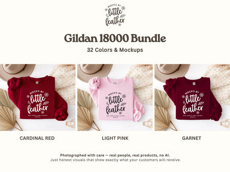 The image is a collage of three images showing different color options for a "Gildan 1800 Bundle" of shirts. The first image is a burgundy shirt, the second is a pink shirt, and the third is a maroon shirt.