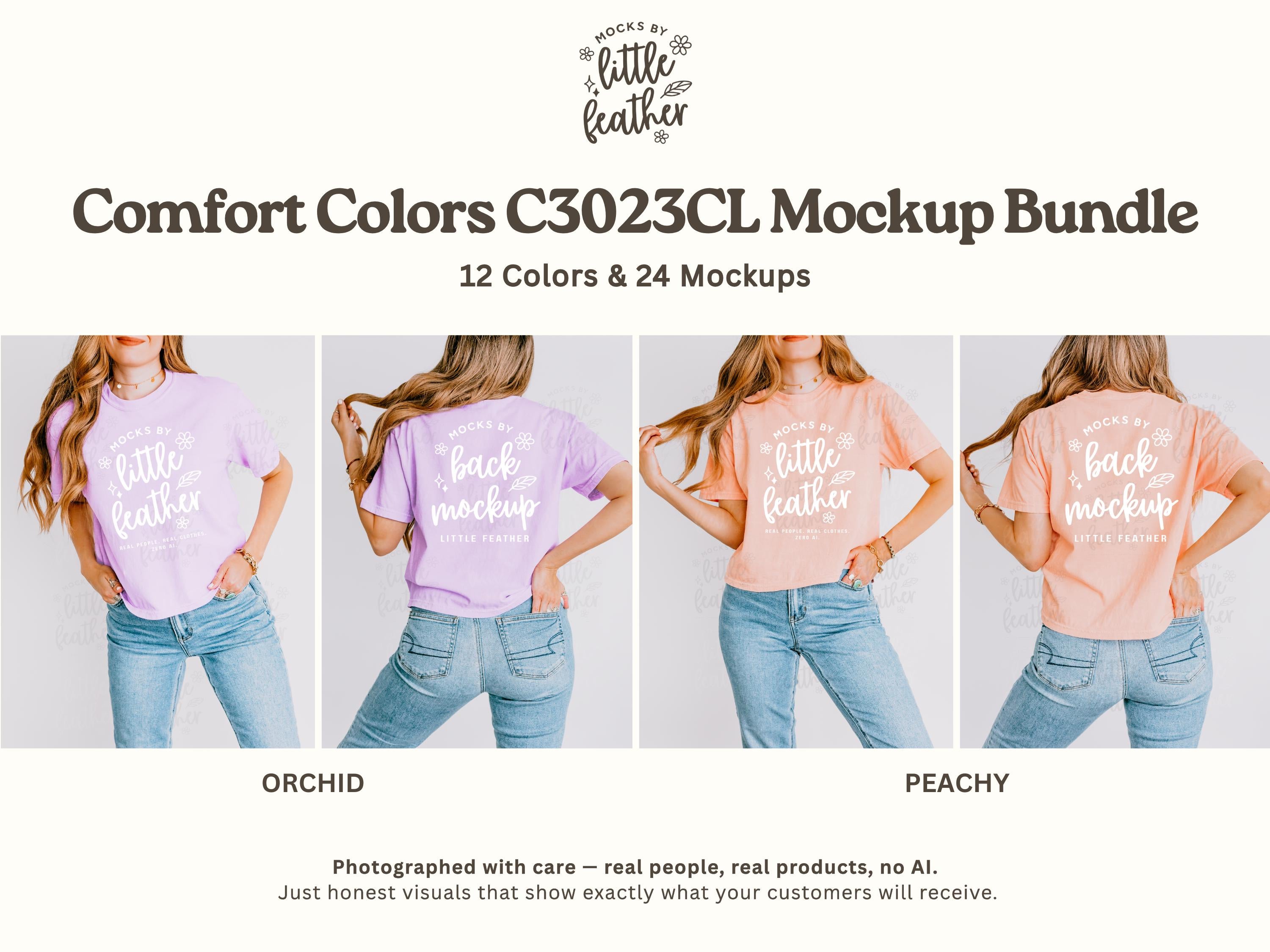 Boxy crop T-shirt mockups on model, purple and peach short sleeve prints