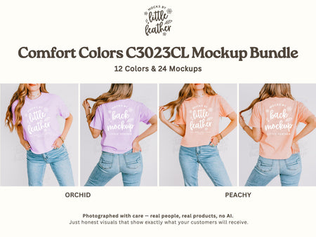 Boxy crop T-shirt mockups on model, purple and peach short sleeve prints