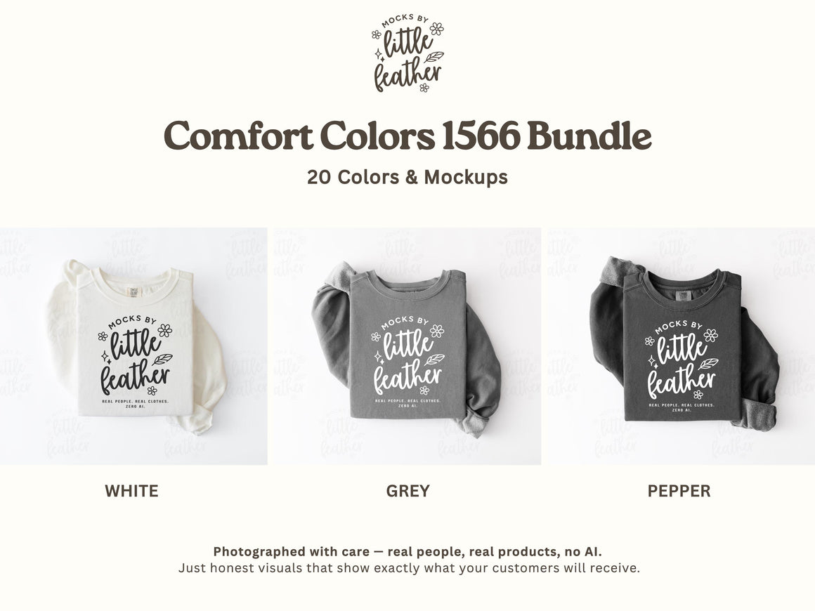 The image is a collage of three images, each depicting a different color of the "Mocks by Little Feather" t-shirt bundle. The first image shows a white t-shirt, the second image shows a grey t-shirt, and the third image shows a black t-shirt.