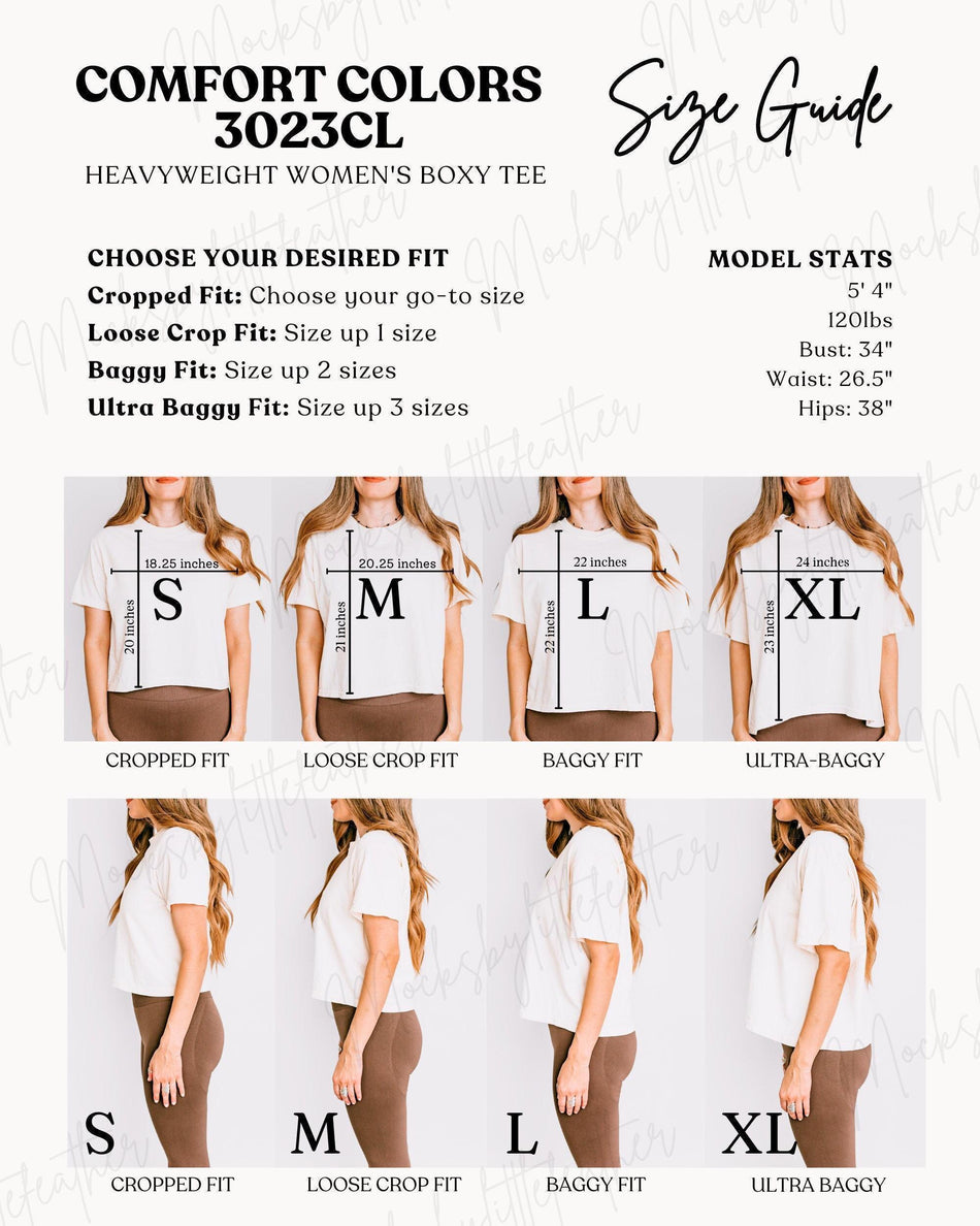Women’s boxy tee size guide with S–XL fit examples and measurements